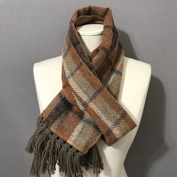 Brown Tan Taupe Plaid Wool Scarf - Picture 5 of 8